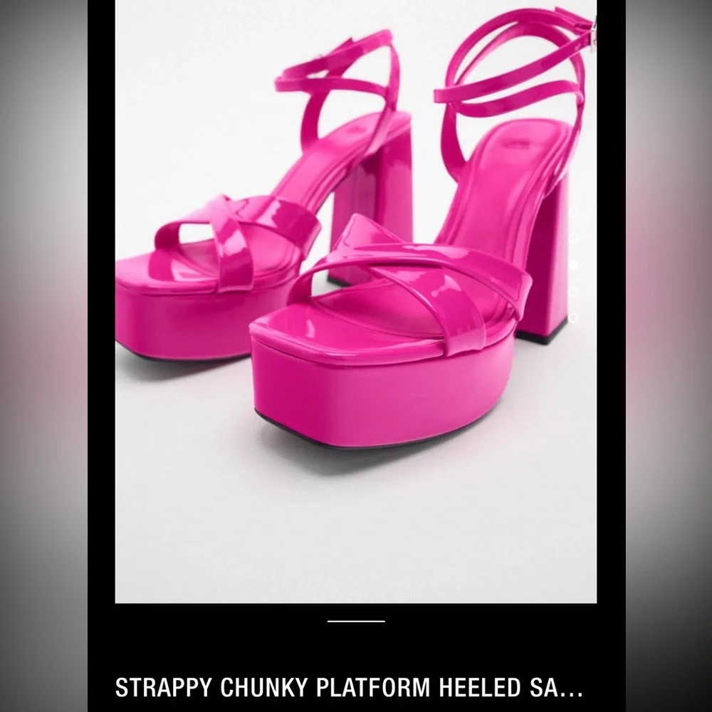Zara strappy chunky heeled pink patent finish platforms sandals - Picture 6 of 7